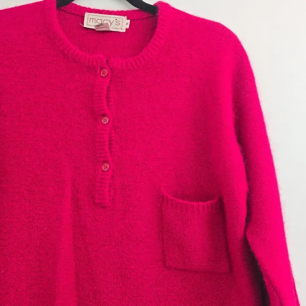 VTG Henley Sweater Red Sz M Silk Rabbit Hair Soft Cozy Y2K Minimalist Preppy